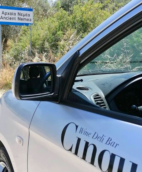 Cinque Wine and Deli vehicle near Ancient Nemea for Greek wine tasting experiences